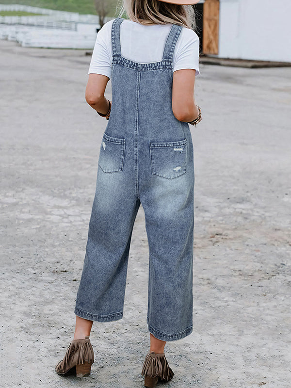 Hollow Pockets Split-Joint Loose Sleeveless Spaghetti-Neck Overalls