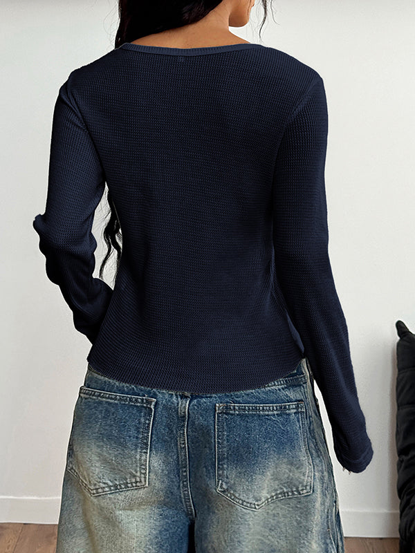 Buttoned Solid Color Long Sleeves Skinny Round-neck Blouses&shirts Tops