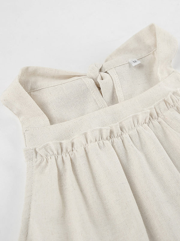 Ruffle Trim Solid Color Tied Zipper A-line Loose Spaghetti-Neck Mini Dresses