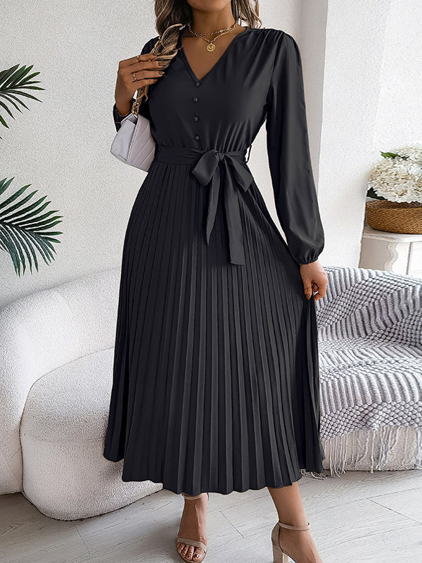 Belted Buttoned Pleated Solid Color High Waisted Long Sleeves V-Neck Maxi Dresses