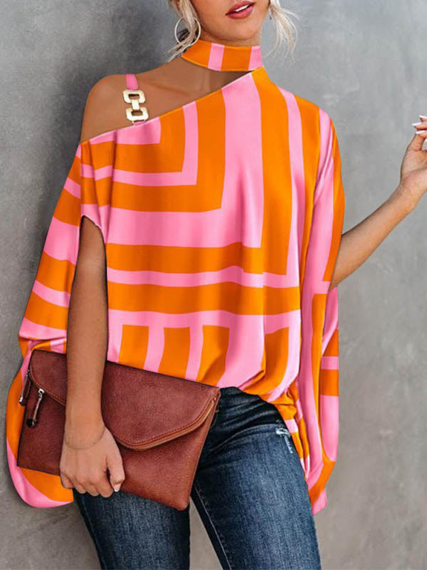 Asymmetric Chains Hollow Striped Batwing Sleeves Loose Asymmetric Collar T-Shirts Tops