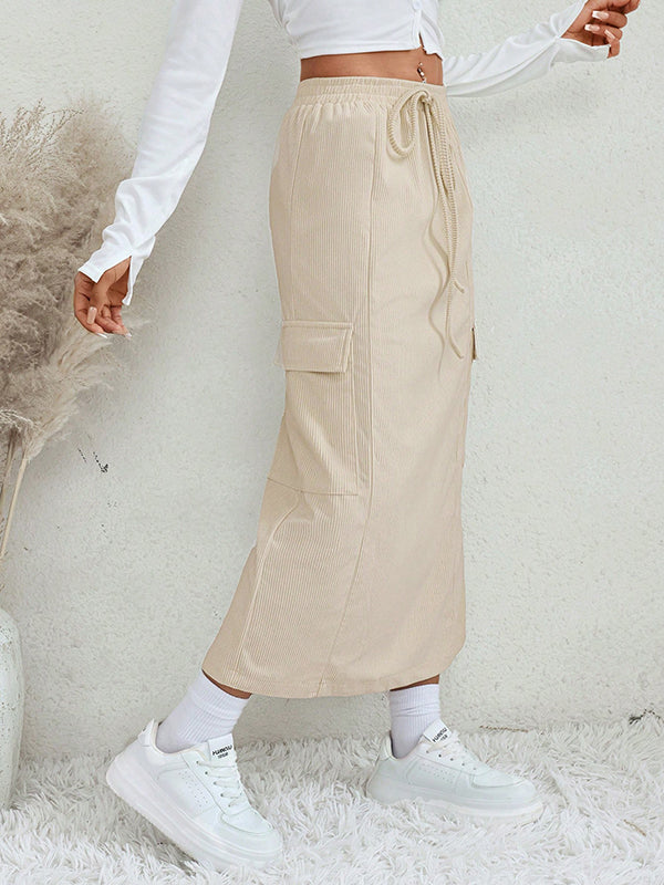 Drawstring Pockets Solid Color Split-Back Split-Joint A-Line Loose Skirts Bottoms