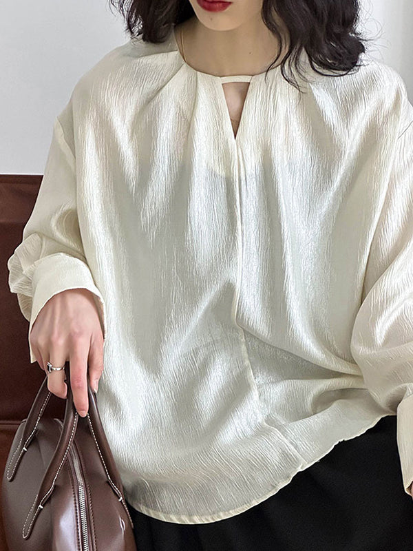 Hollow Shiny Solid Color Long Sleeves Loose Round-Neck Blouses&Shirts Tops