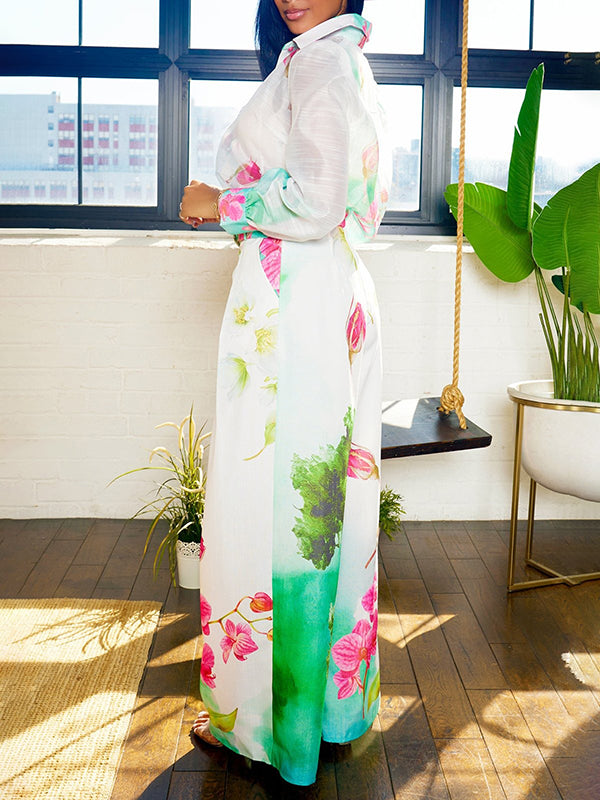 High Waisted Straight Leg Asymmetric Floral Printed Split-Joint Pants Trousers