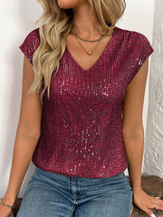 Sequined Shiny Batwing Sleeves Loose V-Neck T-Shirts Tops