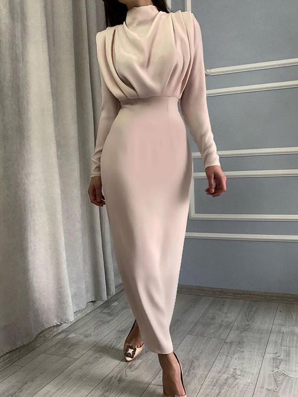 High Waisted Long Sleeves Pleated Solid Color Mock Neck Maxi Dresses Midi Dresses