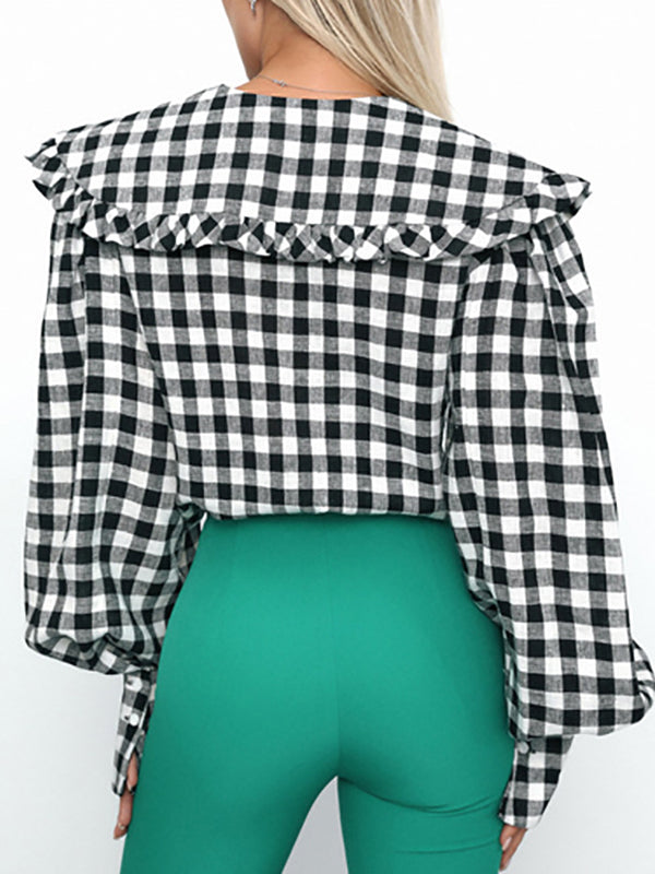 Plaid Long Sleeves Loose Peter Pan Collar Blouses&Shirts Tops