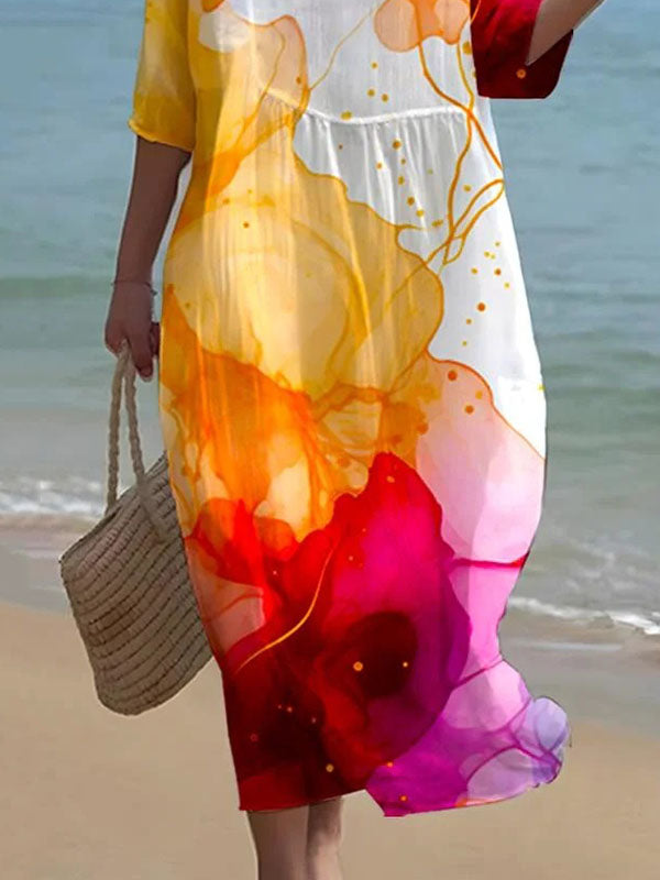 Floral Printed Pleated Split-Joint Loose Short Sleeves Round-neck Midi Dresses