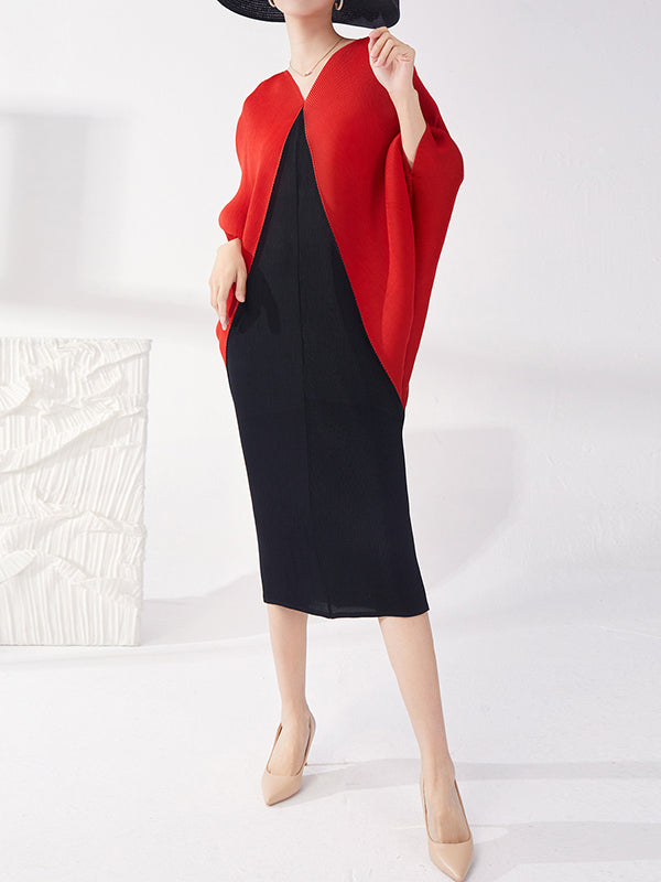 Contrast Color Pleated Batwing Sleeves Loose Round-neck Midi Dresses