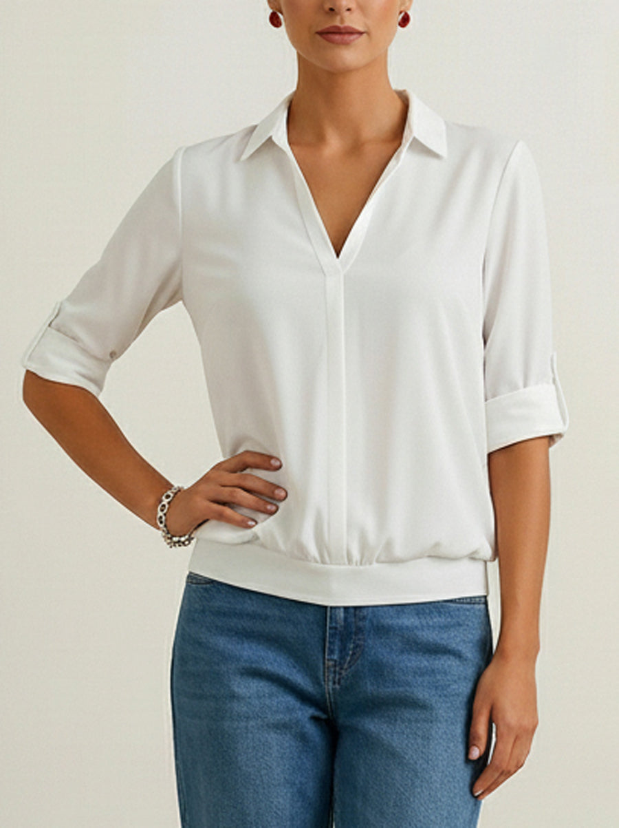 Solid Color Split-Joint Half Sleeves Lapel Blouses&shirts Tops