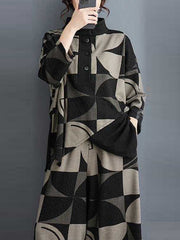 Asymmetric Buttoned Long Sleeves Printed Stand Collar Sweatshirt Top + Harem Pants Pants Bottom Two Pieces Set