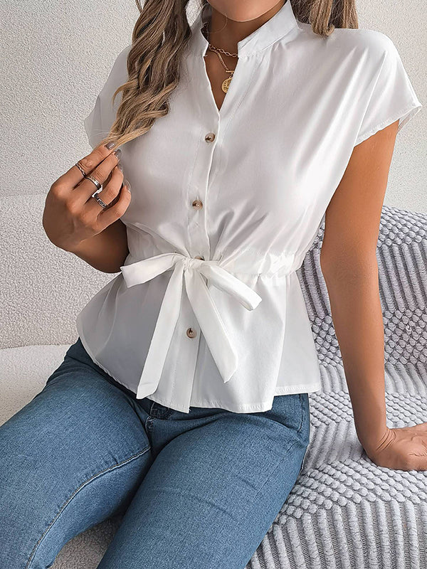 Drawstring Split-Joint Loose Short Sleeves Round-neck Blouses&shirts Tops