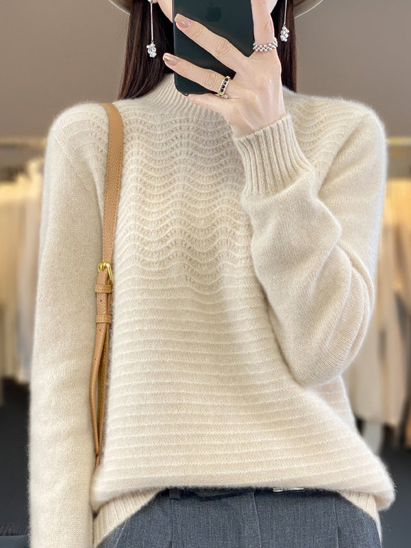 Solid Color Long Sleeves Loose Mock Neck Sweater Tops Pullovers