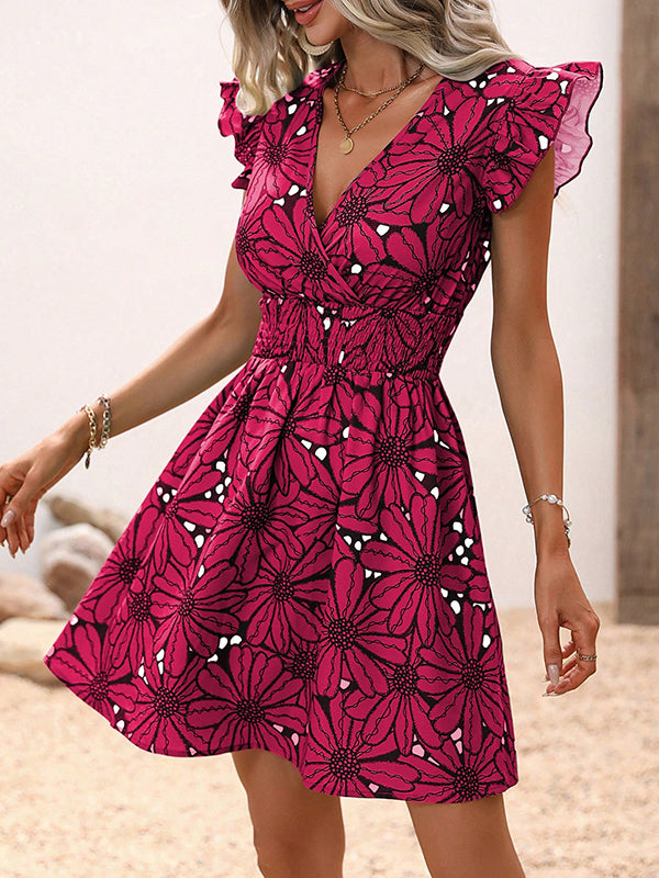 Elasticity Flower Print A-Line Loose V-Neck Mini Dresses