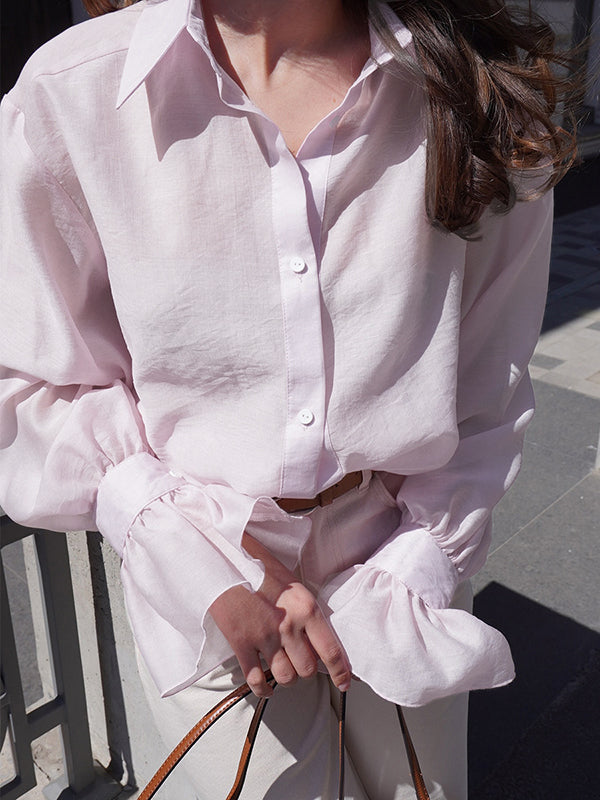 Pleated Solid Color Split-Joint Loose Puff Sleeves Lapel Blouses&shirts Tops
