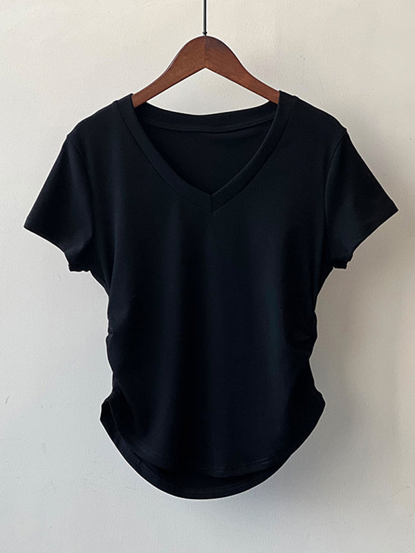 Solid Color Irregular clipping Short Sleeves V-neck T-Shirts Tops