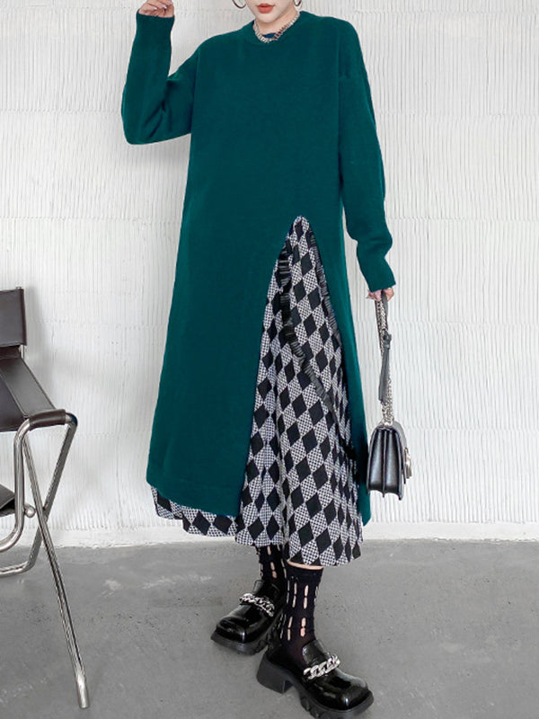 Solid Color Split-side Long Sleeves Loose Round-neck Sweater Tops