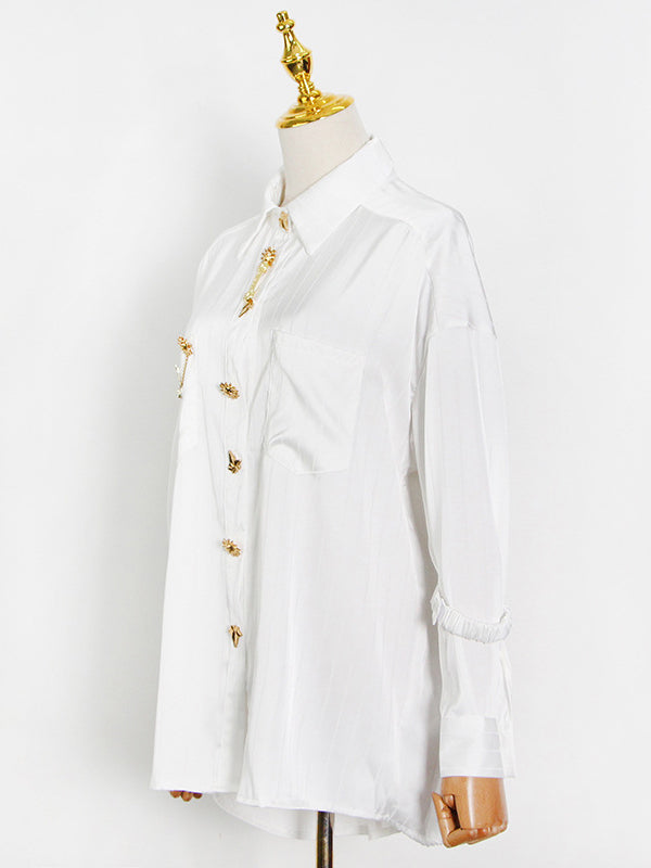 Striped Metal Button Lapel Loose Shirt Blouses