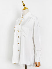 Striped Metal Button Lapel Loose Shirt Blouses