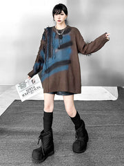Abstract Printed Asymmetric Contrast Color Split-Joint Tasseled Irregularity Long Sleeves Round-Neck Sweater Tops