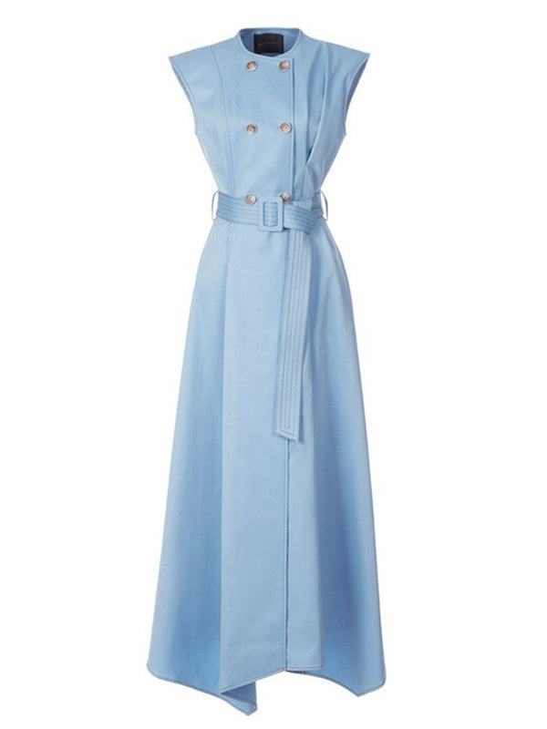 Belted Buttoned Pockets Solid Color A-Line High Waisted Round-Neck Maxi Dresses