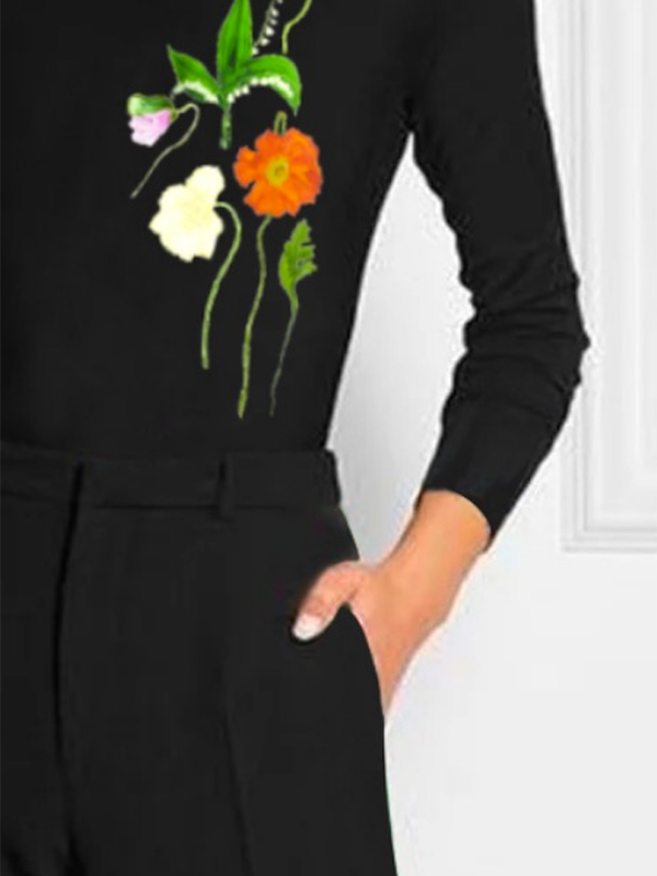Flower Print Printed Split-Joint Long Sleeves Skinny High Neck T-Shirts Tops