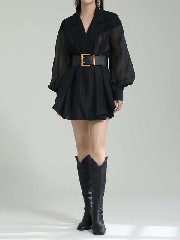 Belted See-Through Puff Sleeves Loose Lapel Blouses&shirts Tops