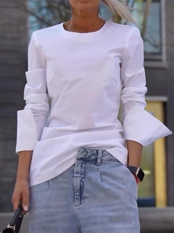 Solid Color Long Sleeves Loose Round-neck T-Shirts Tops