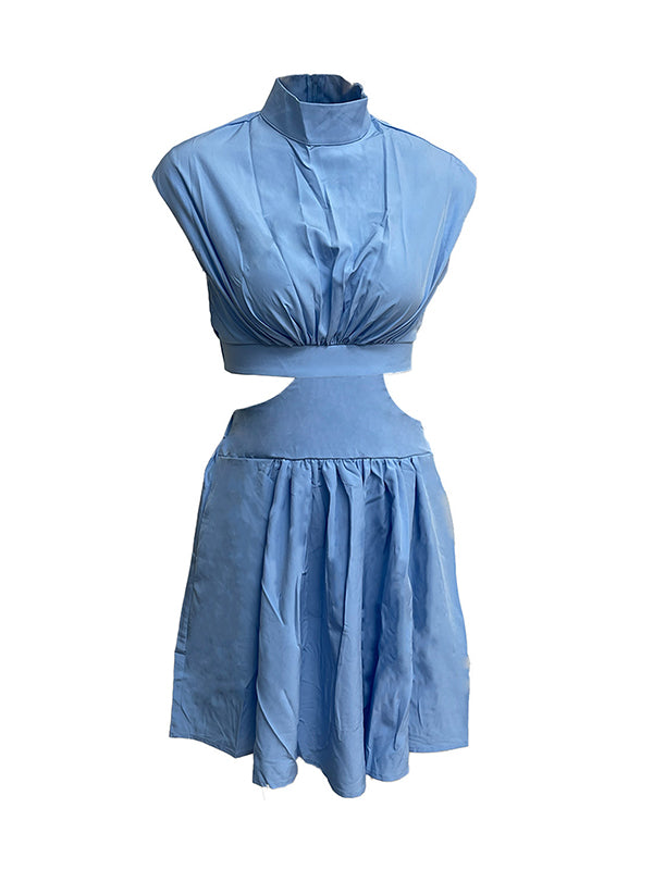 Belly-Hollow Pleated Solid Color Skinny Stand Collar Mini Dresses