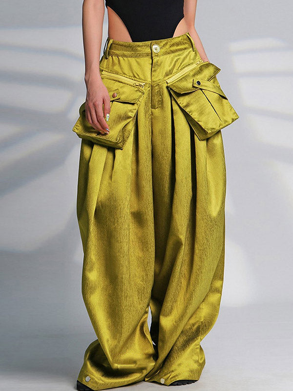 Pockets Solid Color Loose Wide Leg Trousers Casual Pants Bottoms