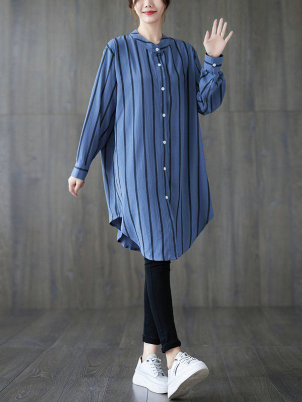 Buttoned Striped Long Sleeves Loose Blouses&Shirts Tops