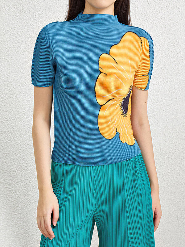 Flower Print Pleated Short Sleeves Mock Neck T-Shirts Tops