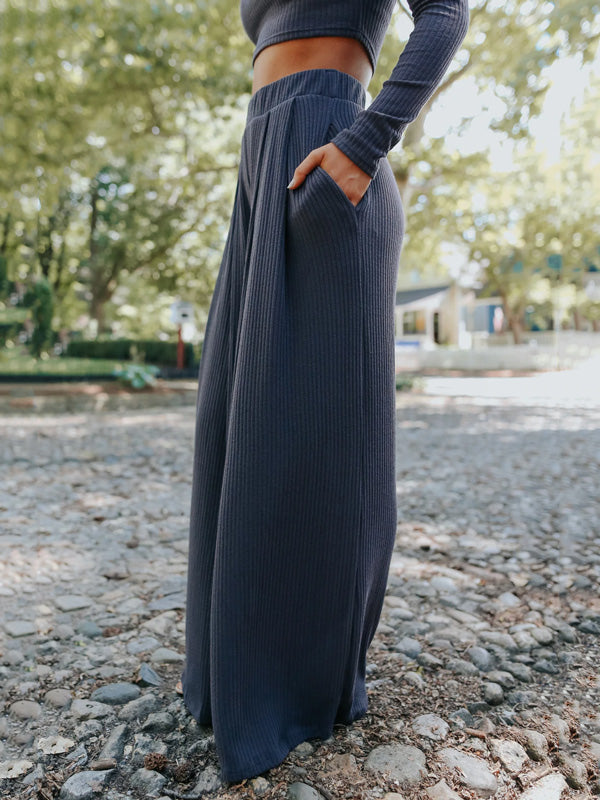 Pleated Pockets Solid Color High Waisted Loose Trousers Pants