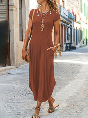 Pockets Solid Color Split-Joint A-line Loose Round-neck Midi Dresses