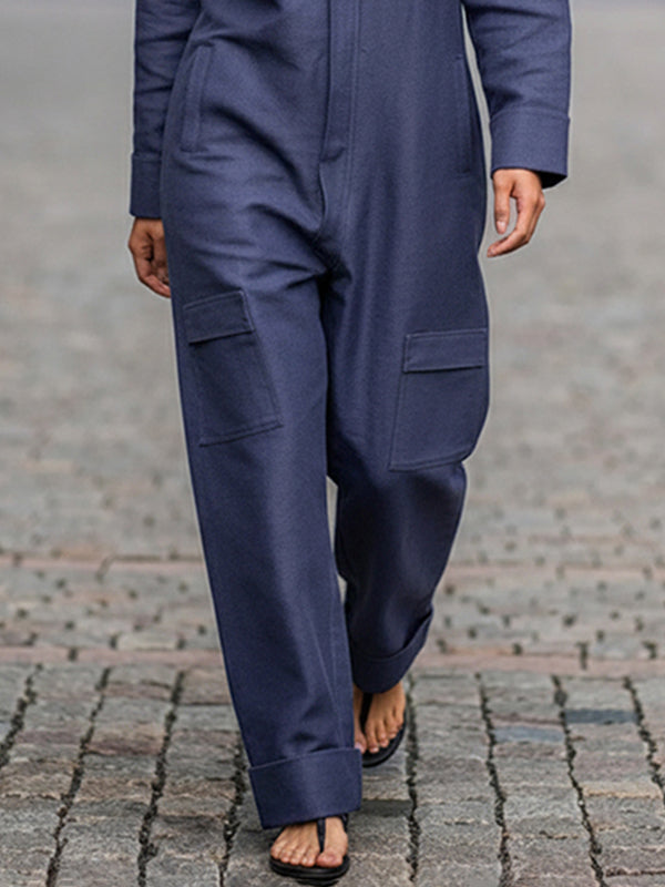 Long Sleeves Loose Solid Color Zipper Lapel Jumpsuits