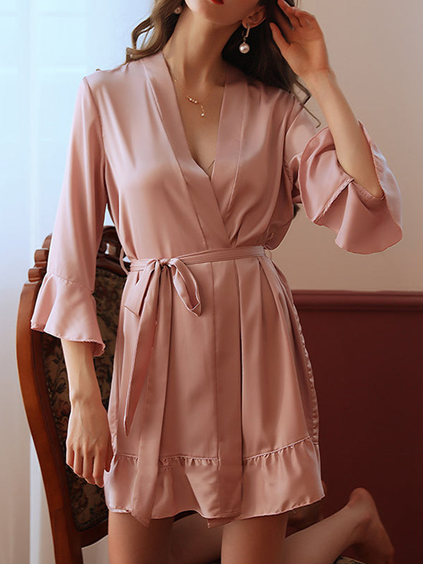 Falbala Ribbed Solid Color Loose V-neck Robes Intimates&Pajamas