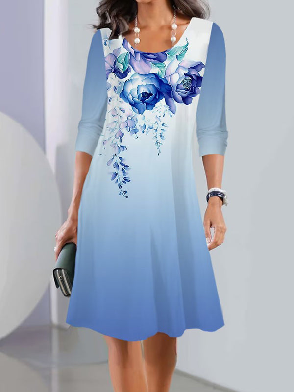 Flower Print Multi-Colored Printed Long Sleeves Round-neck Midi Dresses