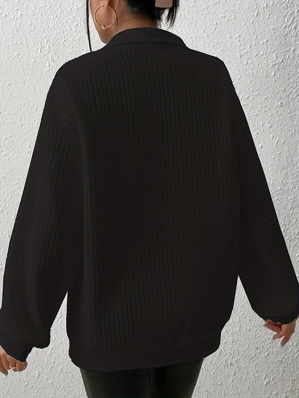 Waffle Check Zipper Long Sleeves Loose Lapel Sweatshirt Tops