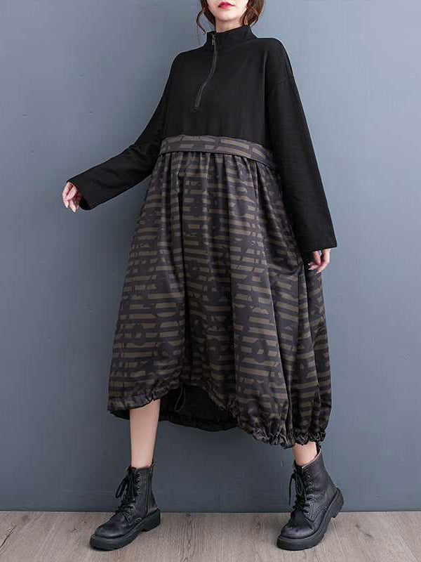 Drawstring Printed Split-Joint Zipper Long Sleeves Loose Midi Dresses