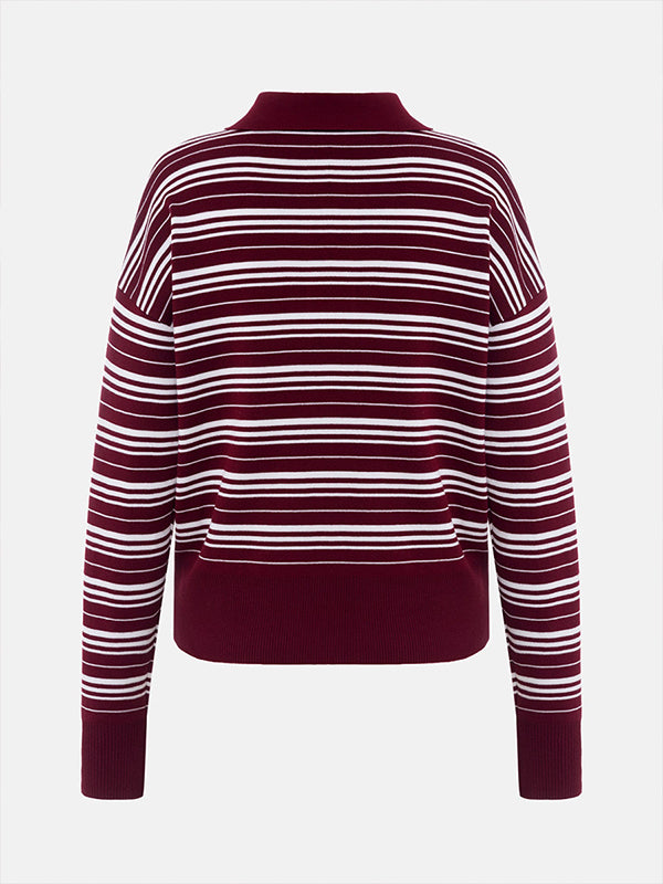 Split-Joint Striped Long Sleeves Lapel Sweater Tops