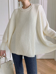 Irregularity Loose Solid Color Batwing Sleeves Round-Neck Sweater Tops