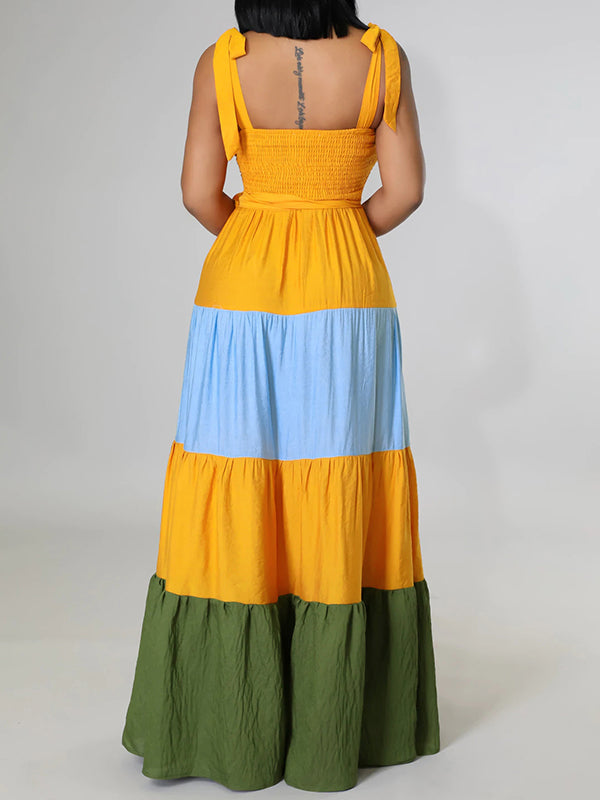 Contrast Color Ribbed Loose Sleeveless Collarless Maxi Dresses