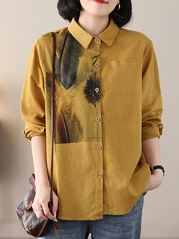 Contrast Color Feathers Printed Long Sleeves Loose Lapel Blouses