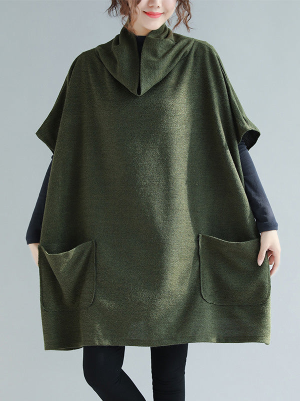 Artistic Retro Batwing Sleeves Half Sleeves Solid Color Heaps Collar Pullovers