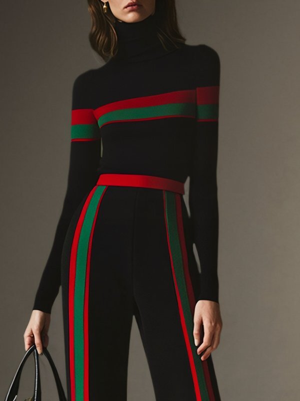 Split-Joint Striped Long Sleeves Skinny High Neck T-Shirts Tops
