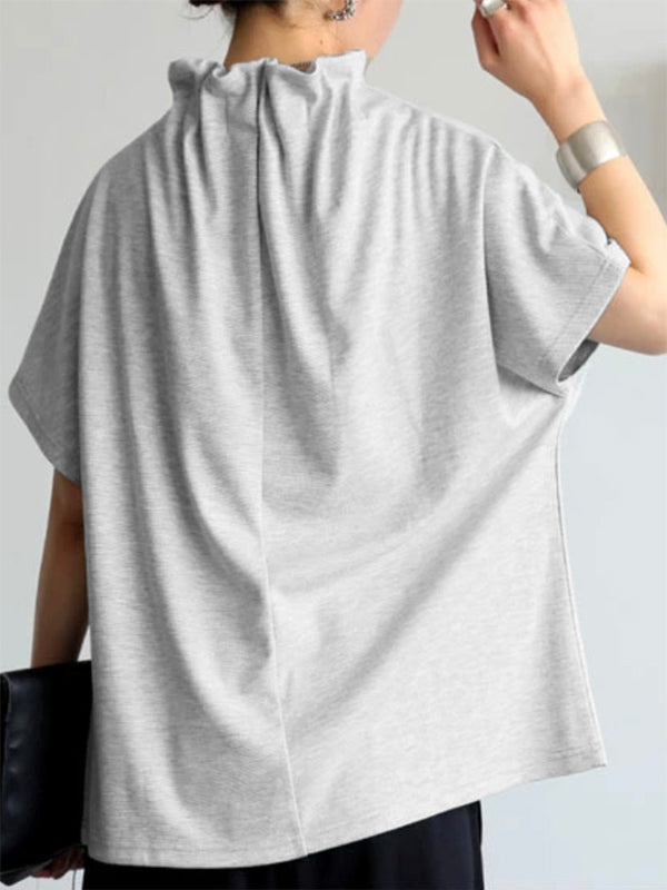 Loose Short Sleeves Solid Color Stand Collar T-Shirts Tops