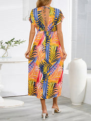 Hollow Lace-Up Printed Split-Joint Loose Short Sleeves V-Neck Midi Dresses