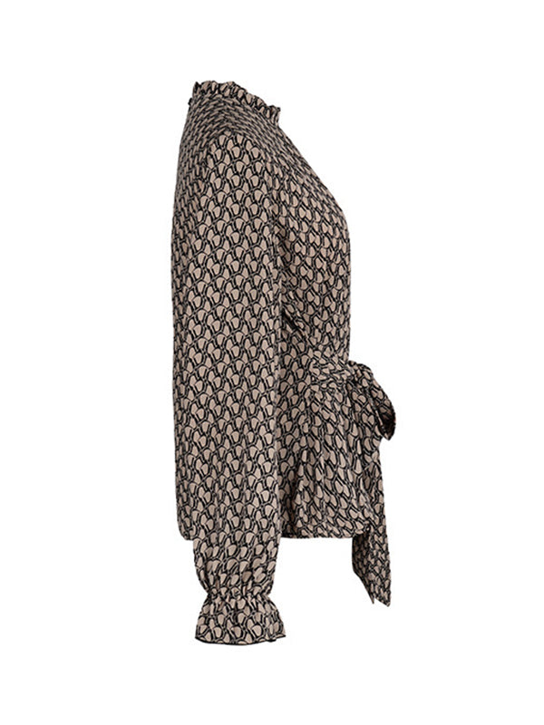 Bandage Belted Leopard Printed Long Sleeves Round-Neck Blouses&Shirts Tops