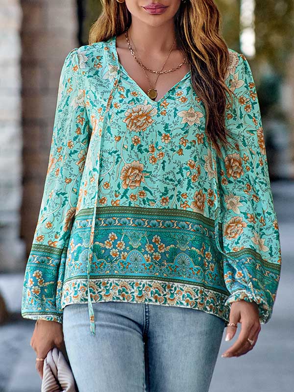 Elasticity Flower Print Tied Long Sleeves Loose V-Neck Blouses&Shirts Tops