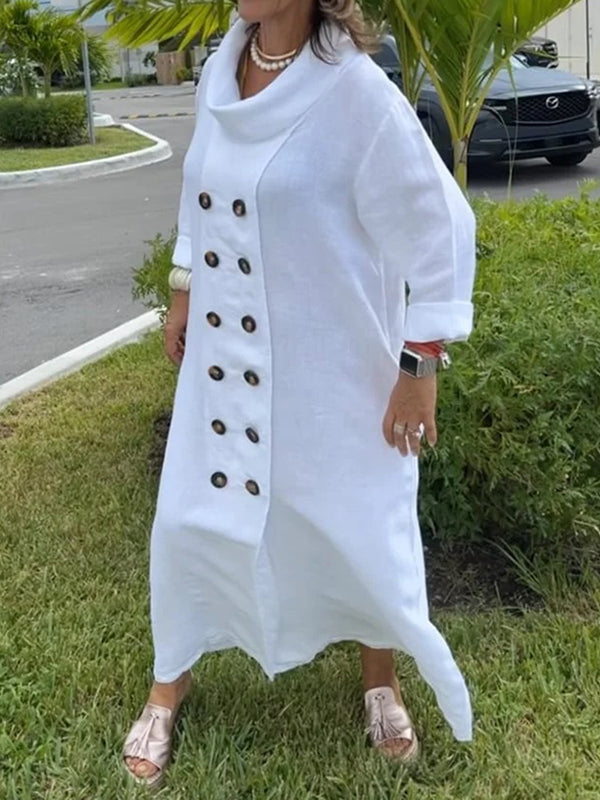 Buttoned Solid Color Long Sleeves Loose Stand Collar Maxi Dresses